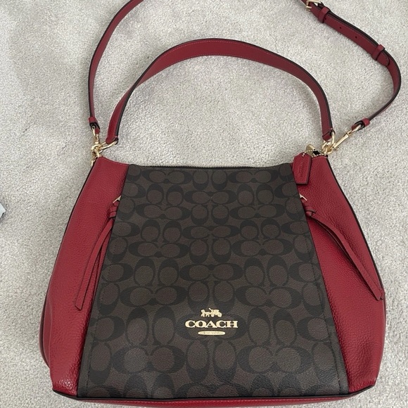 Coach Handbags - Coach Red and Brown Patterned Shoulder Bag